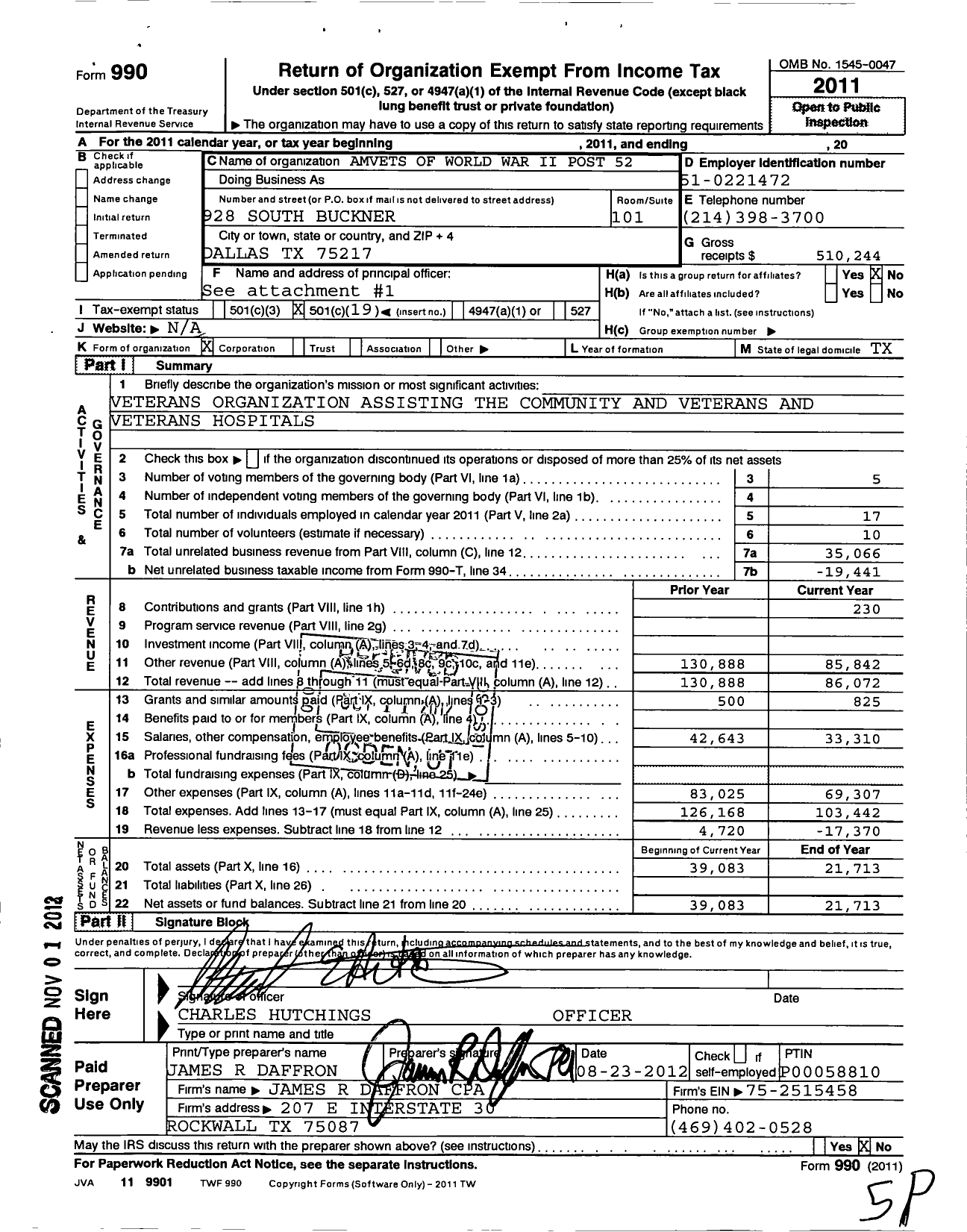 Image of first page of 2011 Form 990O for Amvets of World War Ii Post 52