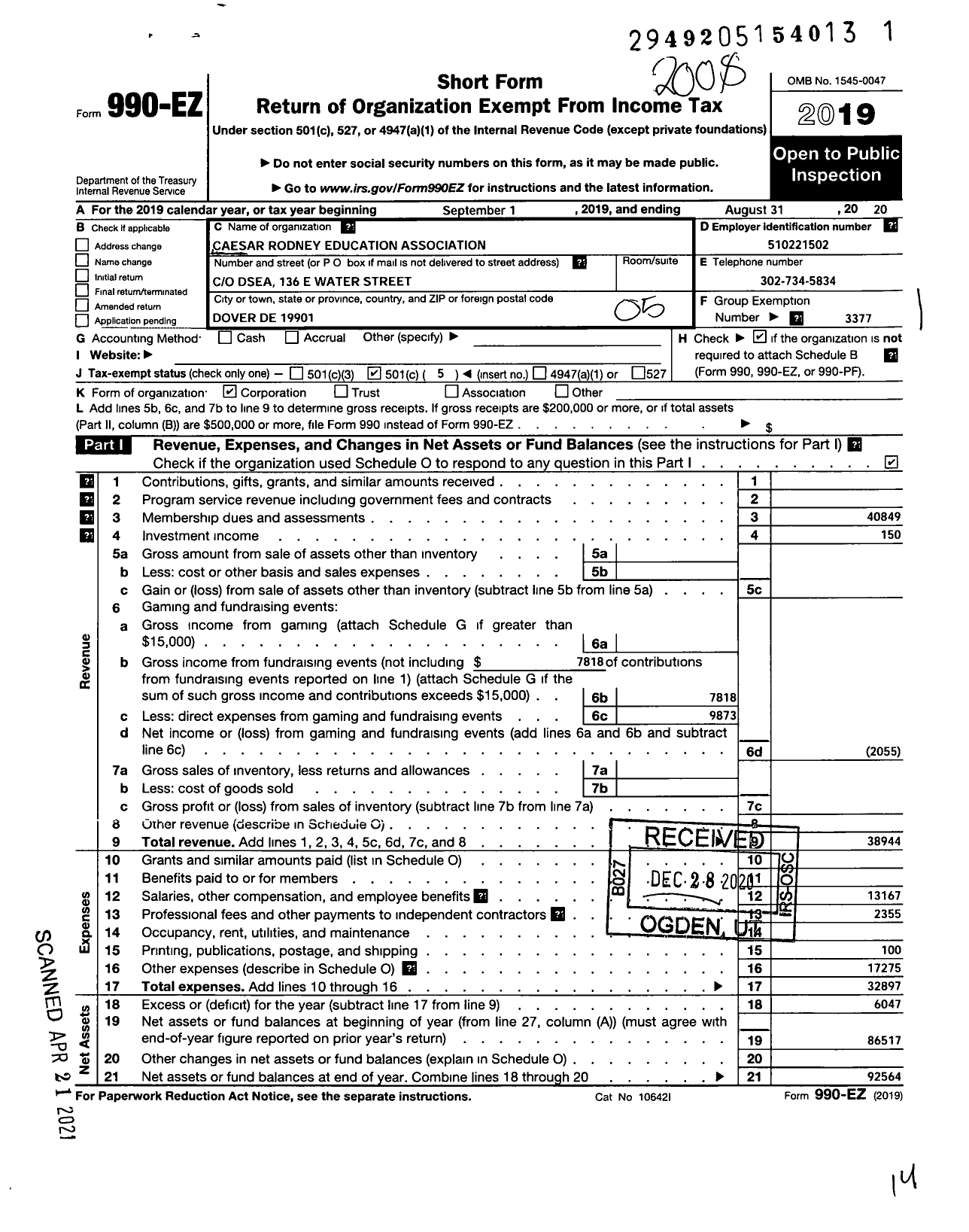 Image of first page of 2019 Form 990EO for Delaware State Education Association / Caesar Rodney Education Association