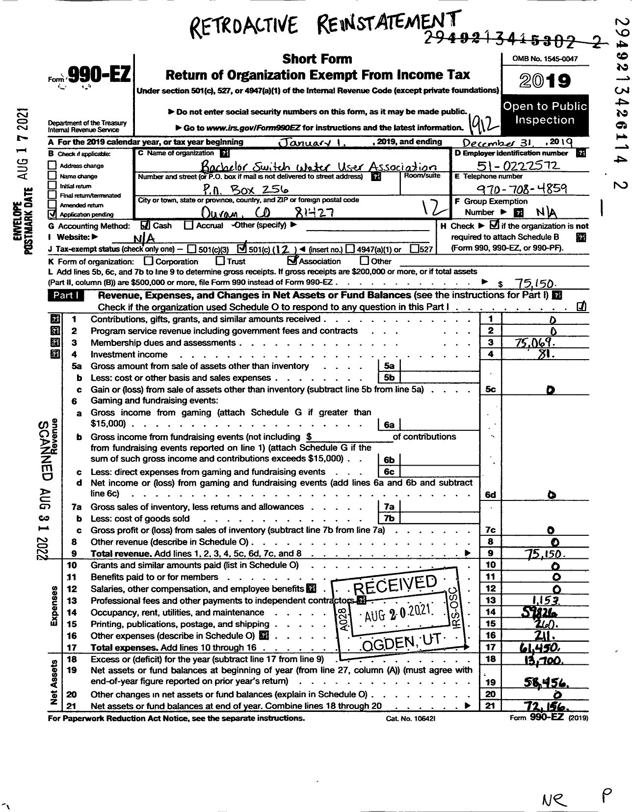 Image of first page of 2019 Form 990EO for Bachelor Switch Water Users Association