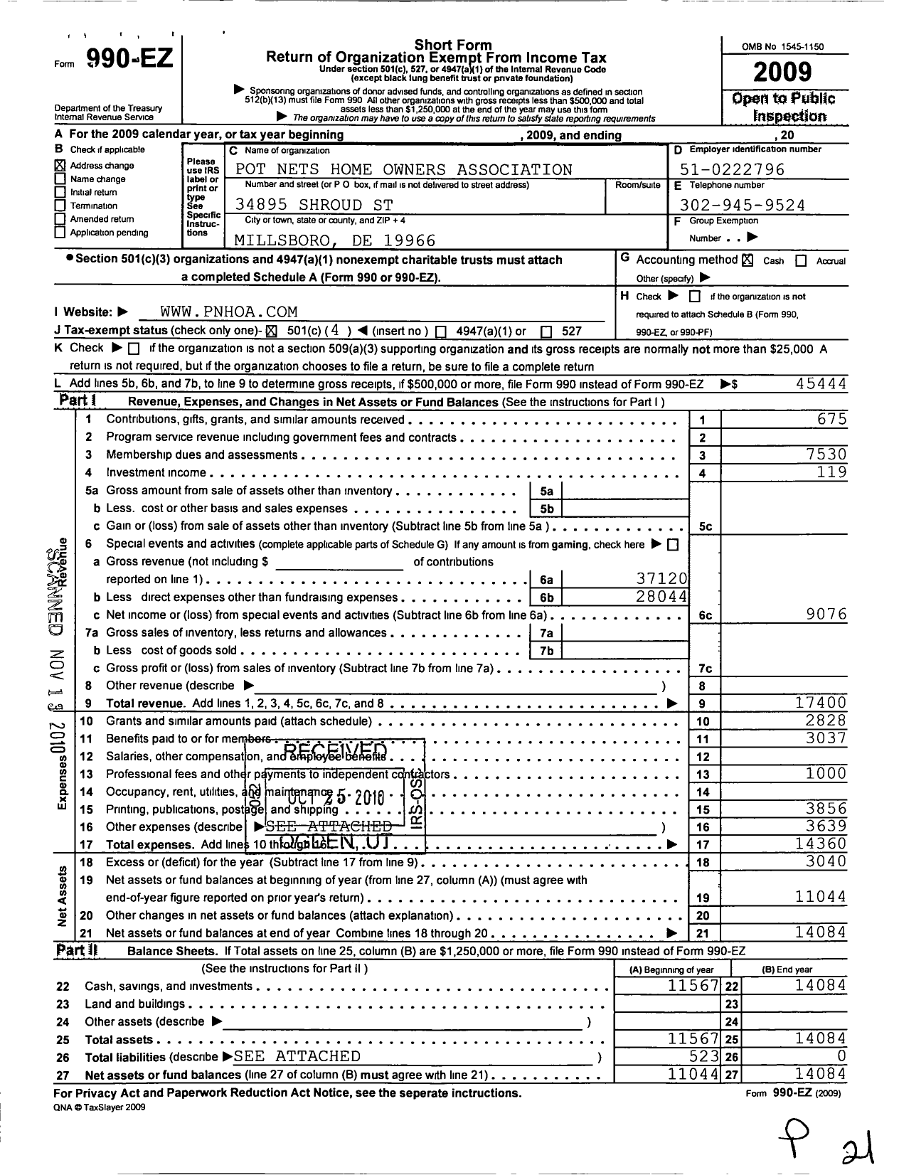 Image of first page of 2009 Form 990EO for Pot-Nets Home Owner Association