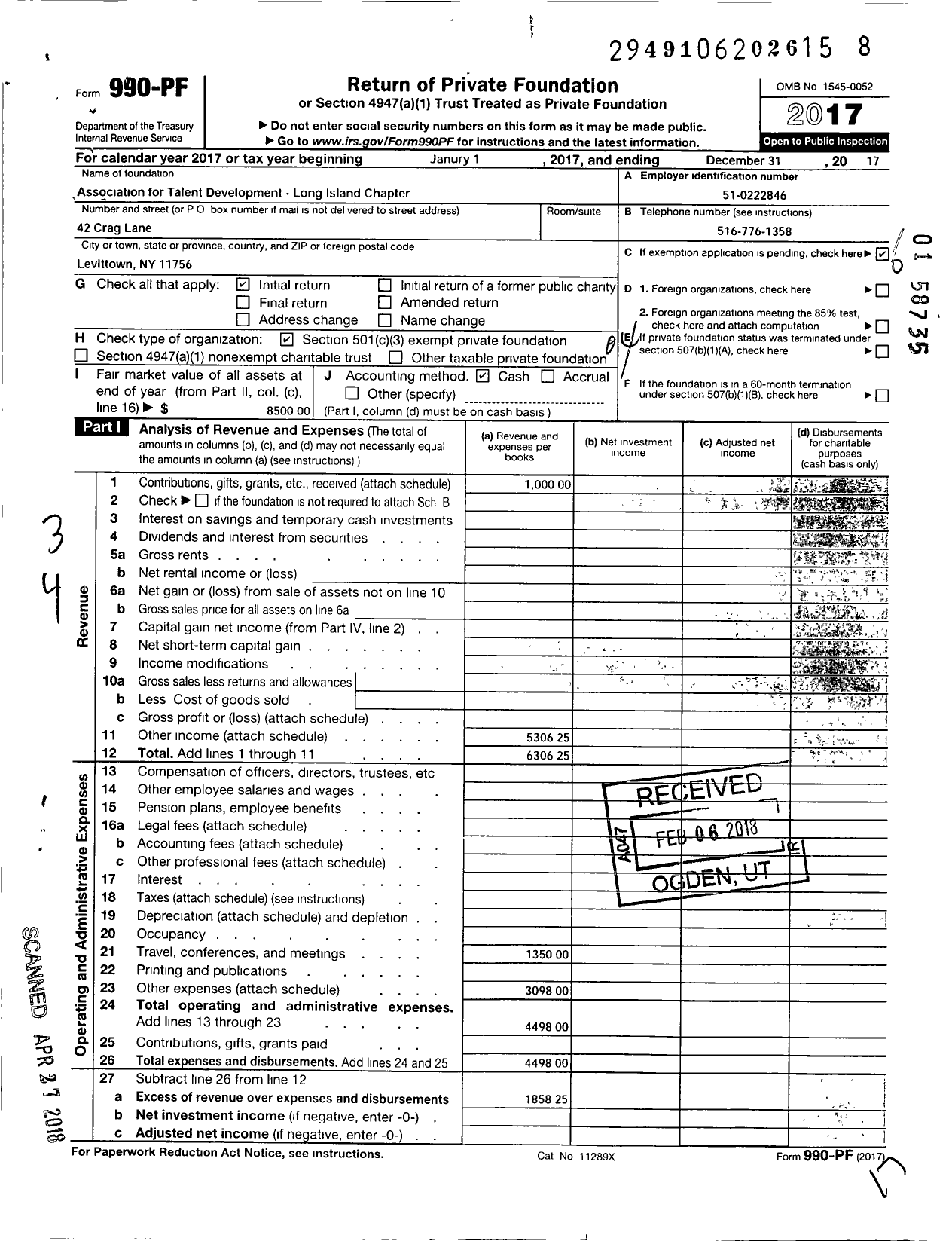 Image of first page of 2017 Form 990PF for Association for Talent Development- Long Island Chapter