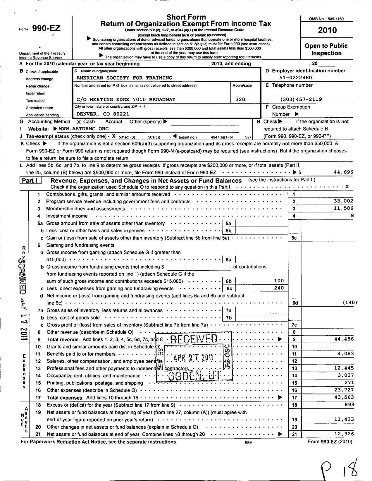 Image of first page of 2010 Form 990EZ for American Society for Training and Development / Rocky Mountain Chapter