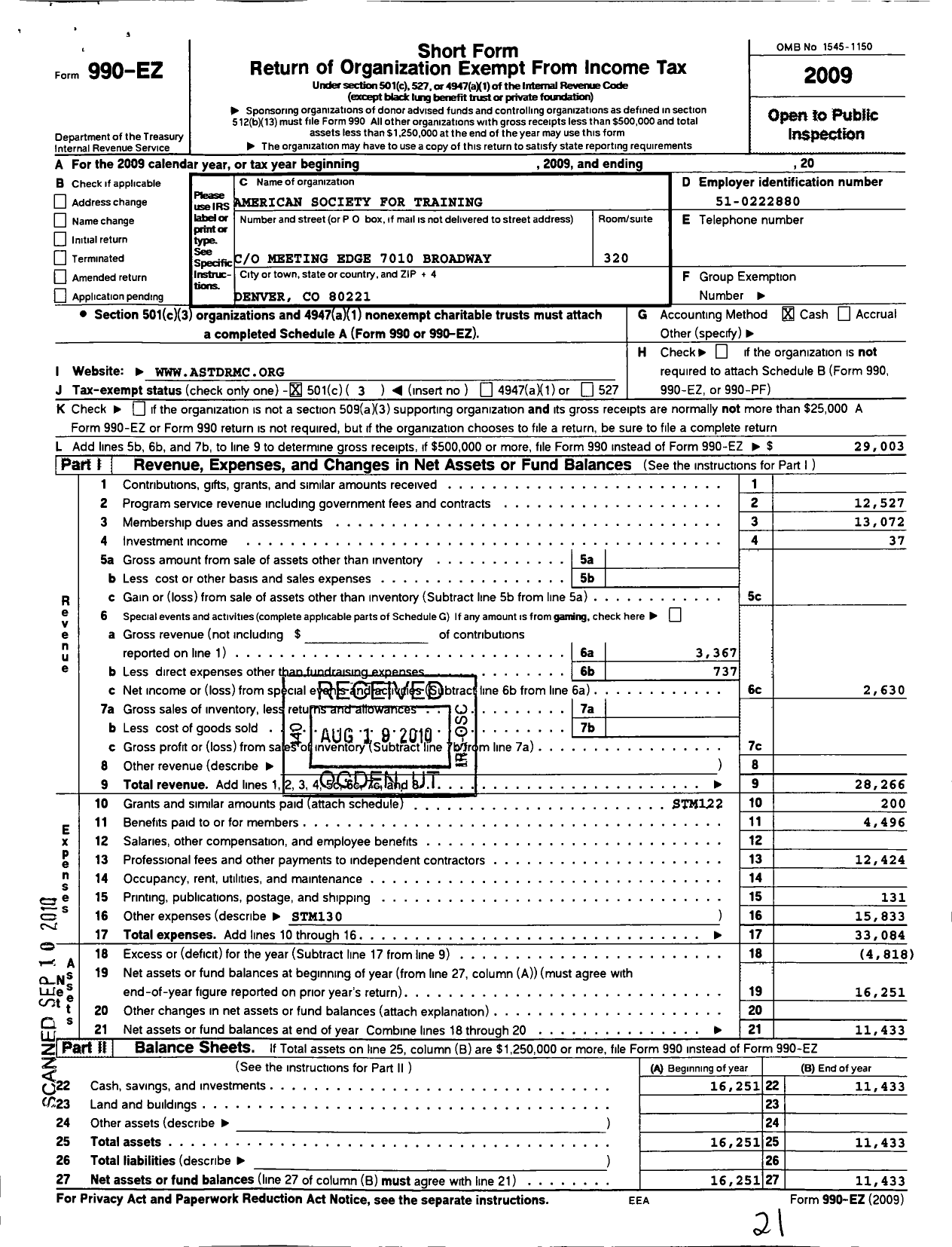 Image of first page of 2009 Form 990EZ for American Society for Training and Development / Rocky Mountain Chapter