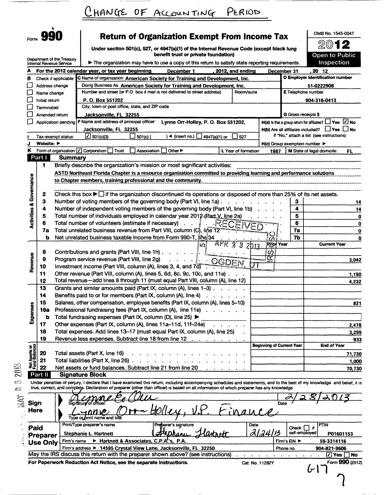 Image of first page of 2012 Form 990 for American Society for Training and Development / Northeast Florida Chapter