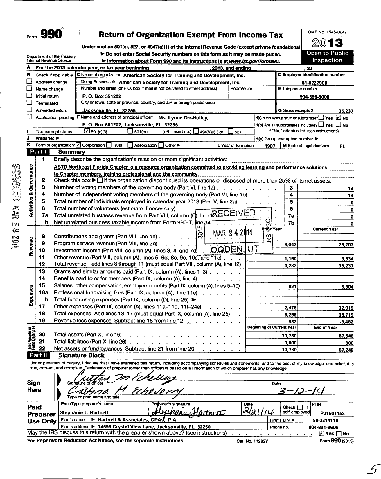 Image of first page of 2013 Form 990 for American Society for Training and Development / Northeast Florida Chapter