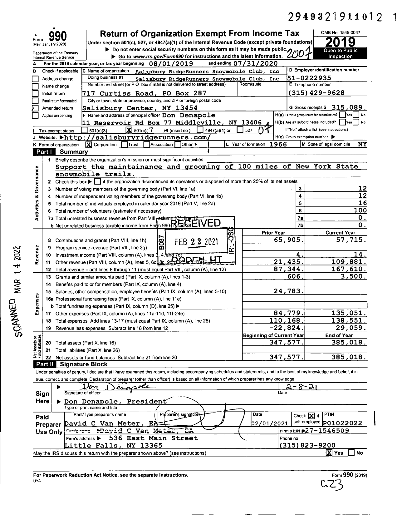 Image of first page of 2019 Form 990O for Salisbury Ridgerunners