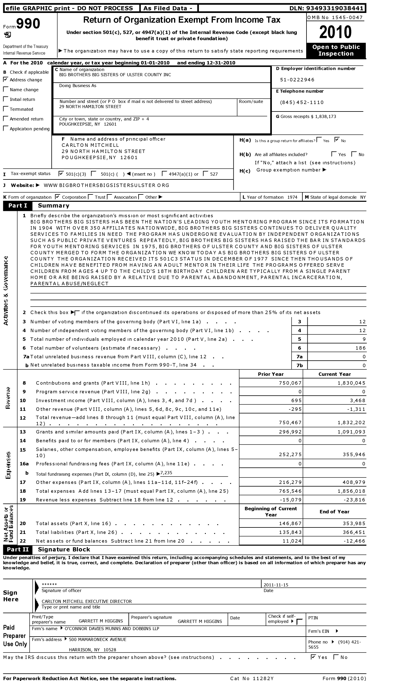 Image of first page of 2010 Form 990 for Big Brothers Big Sisters of Ulster County