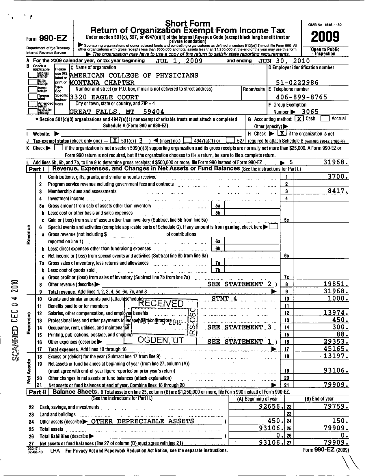 Image of first page of 2009 Form 990EZ for American College of Physicians / Montana Chapter