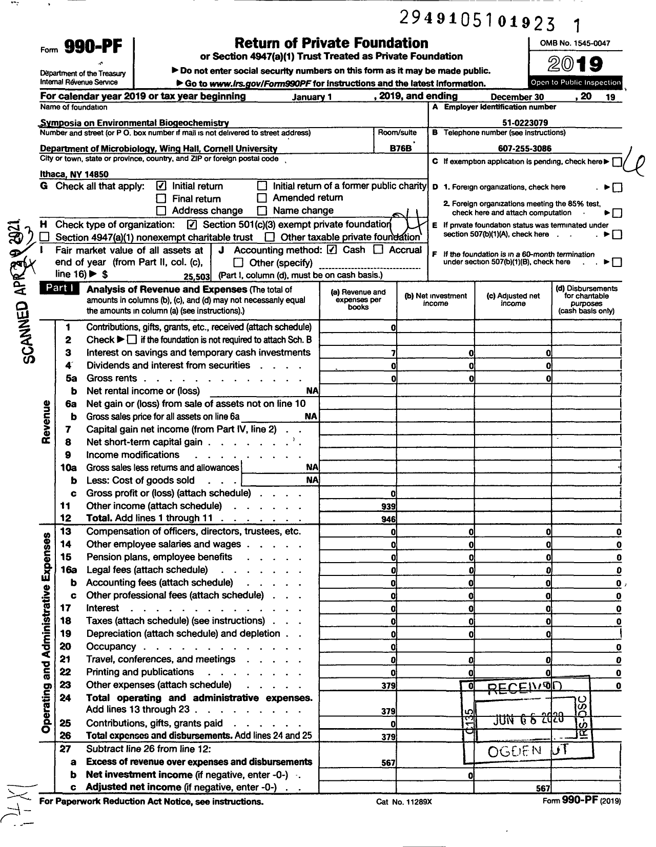 Image of first page of 2019 Form 990PF for Symposia on Environmental Biogeochemistry