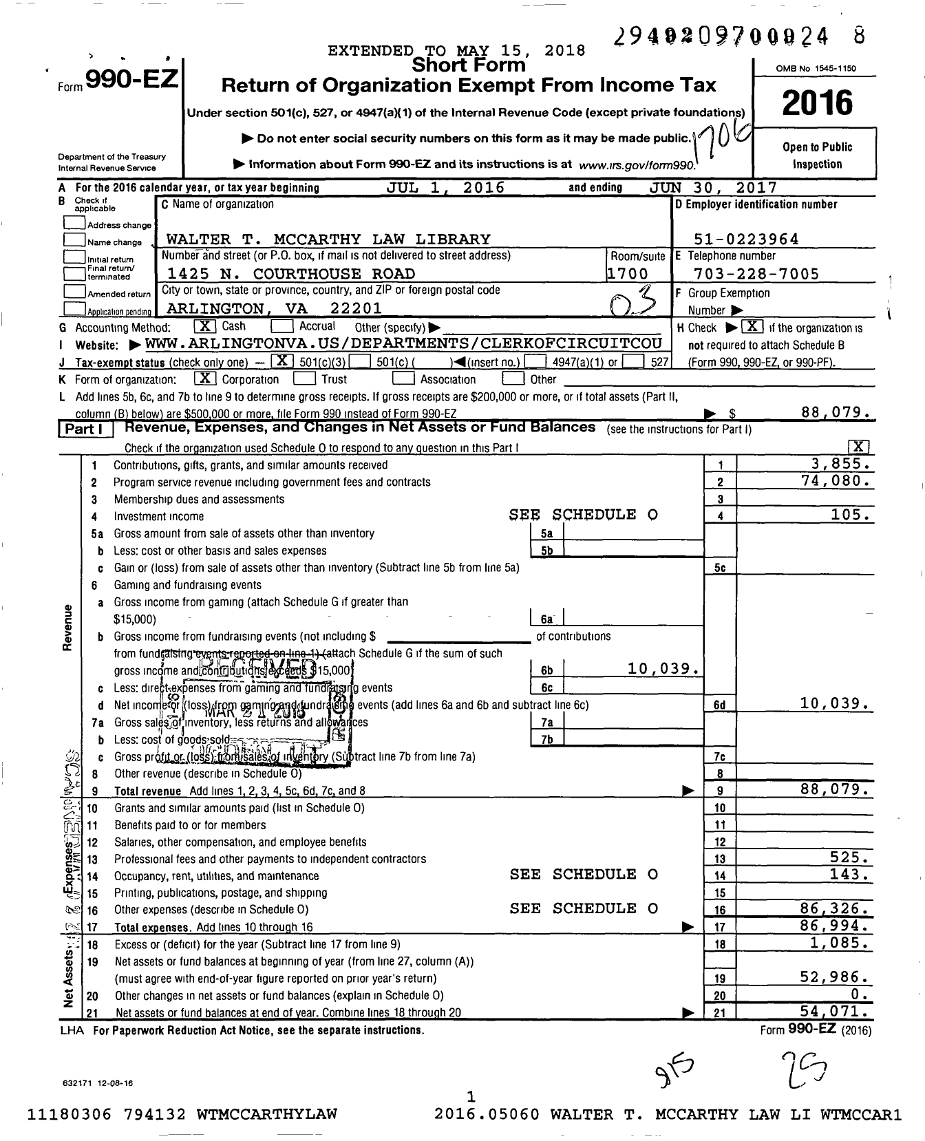 Image of first page of 2016 Form 990EZ for Walter T Mccarthy Law Library