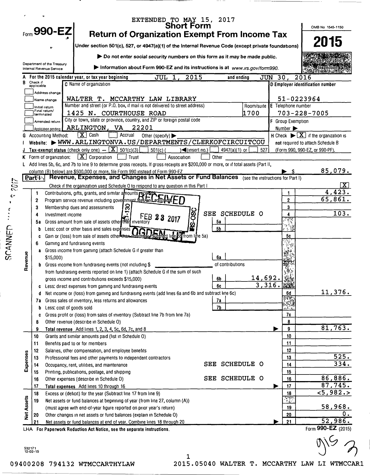 Image of first page of 2015 Form 990EZ for Walter T Mccarthy Law Library