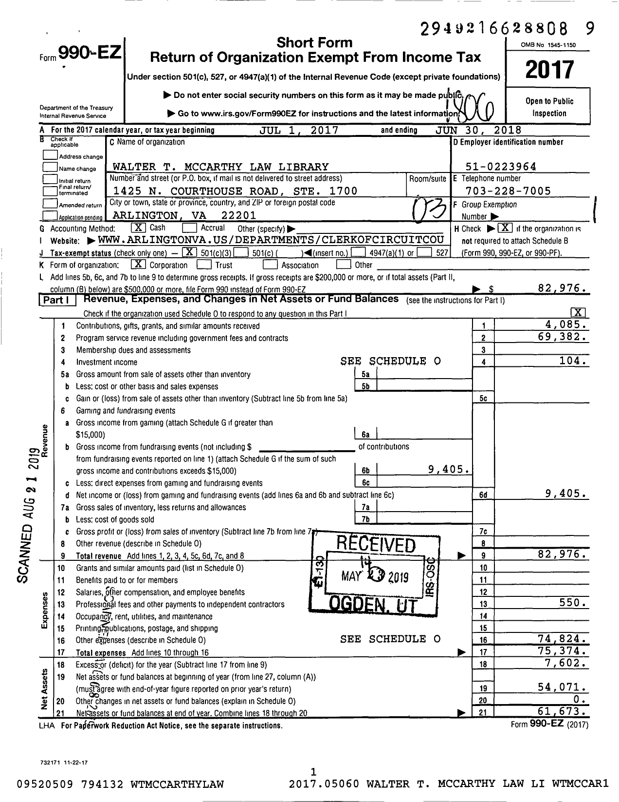 Image of first page of 2017 Form 990EZ for Walter T Mccarthy Law Library