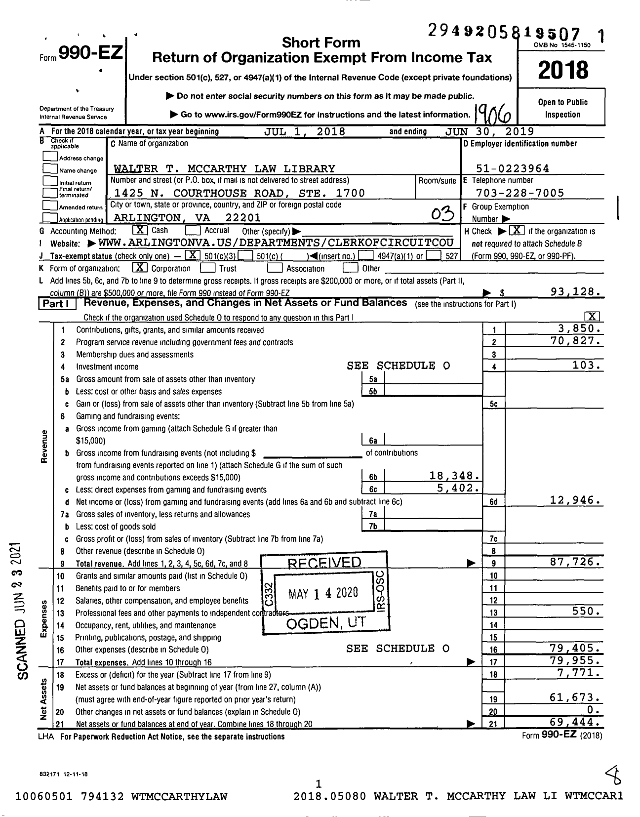 Image of first page of 2018 Form 990EZ for Walter T Mccarthy Law Library