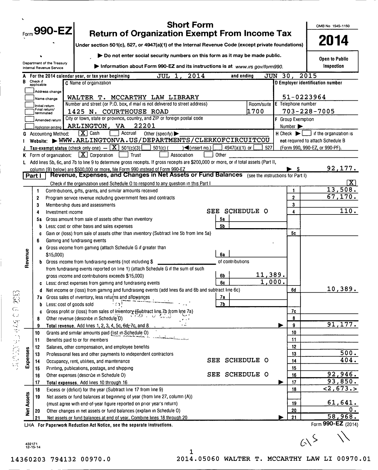 Image of first page of 2014 Form 990EZ for Walter T Mccarthy Law Library