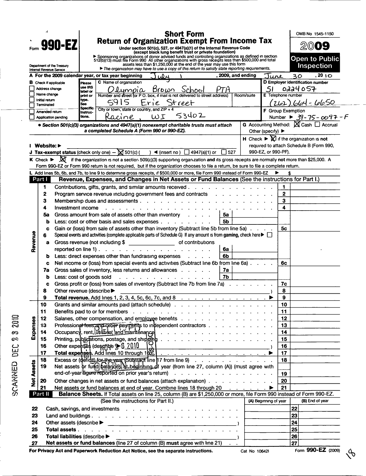 Image of first page of 2009 Form 990EO for PTA Wisconsin Congress / Olympia Brown School PTA