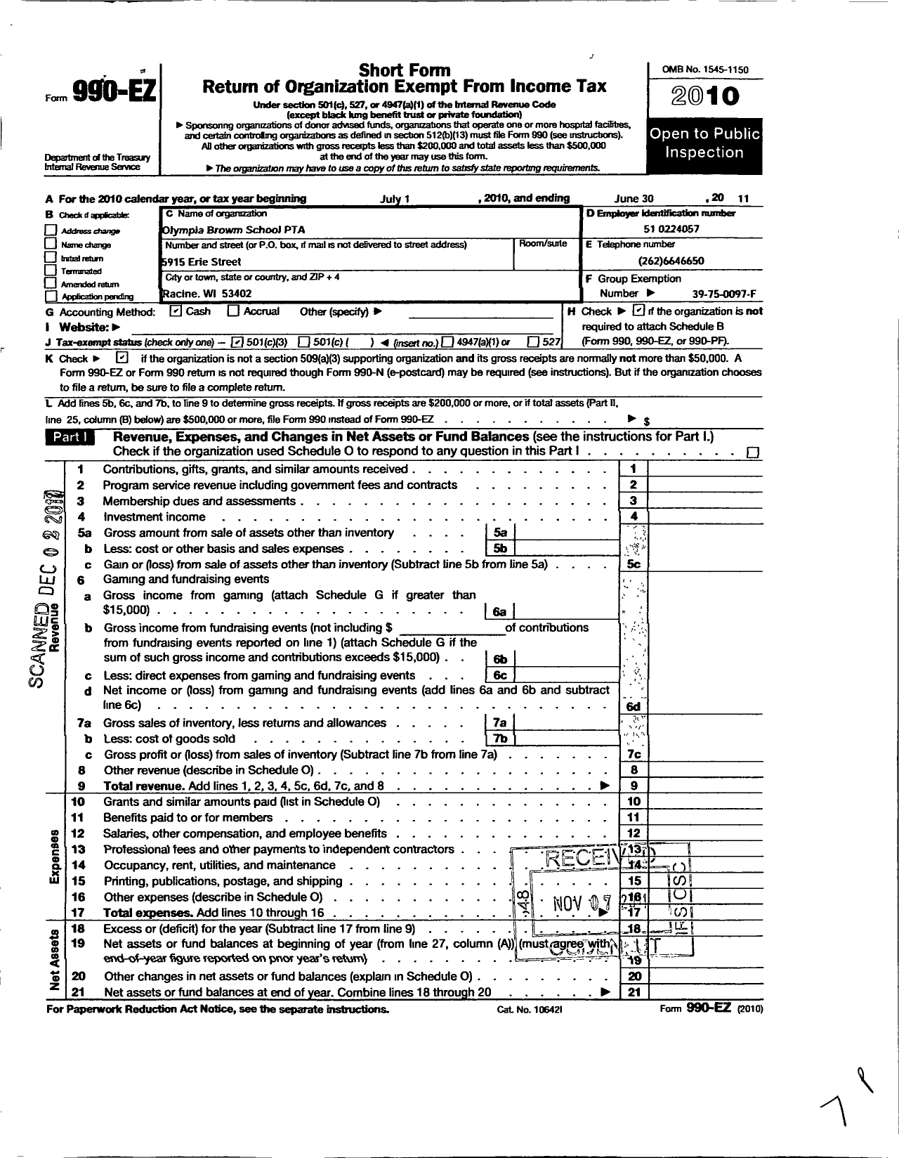 Image of first page of 2010 Form 990EZ for PTA Wisconsin Congress / Olympia Brown School PTA