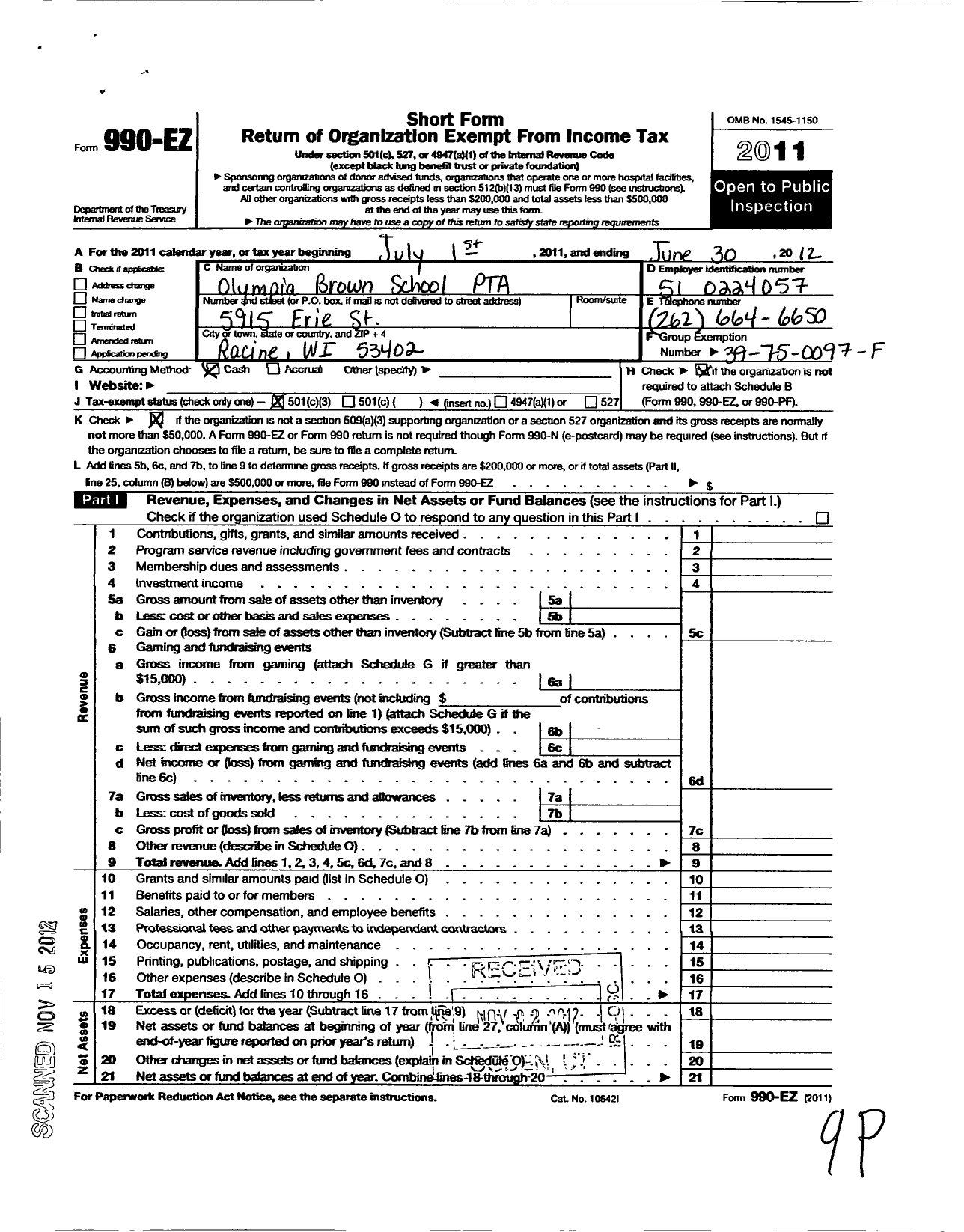 Image of first page of 2011 Form 990EZ for PTA Wisconsin Congress / Olympia Brown School PTA