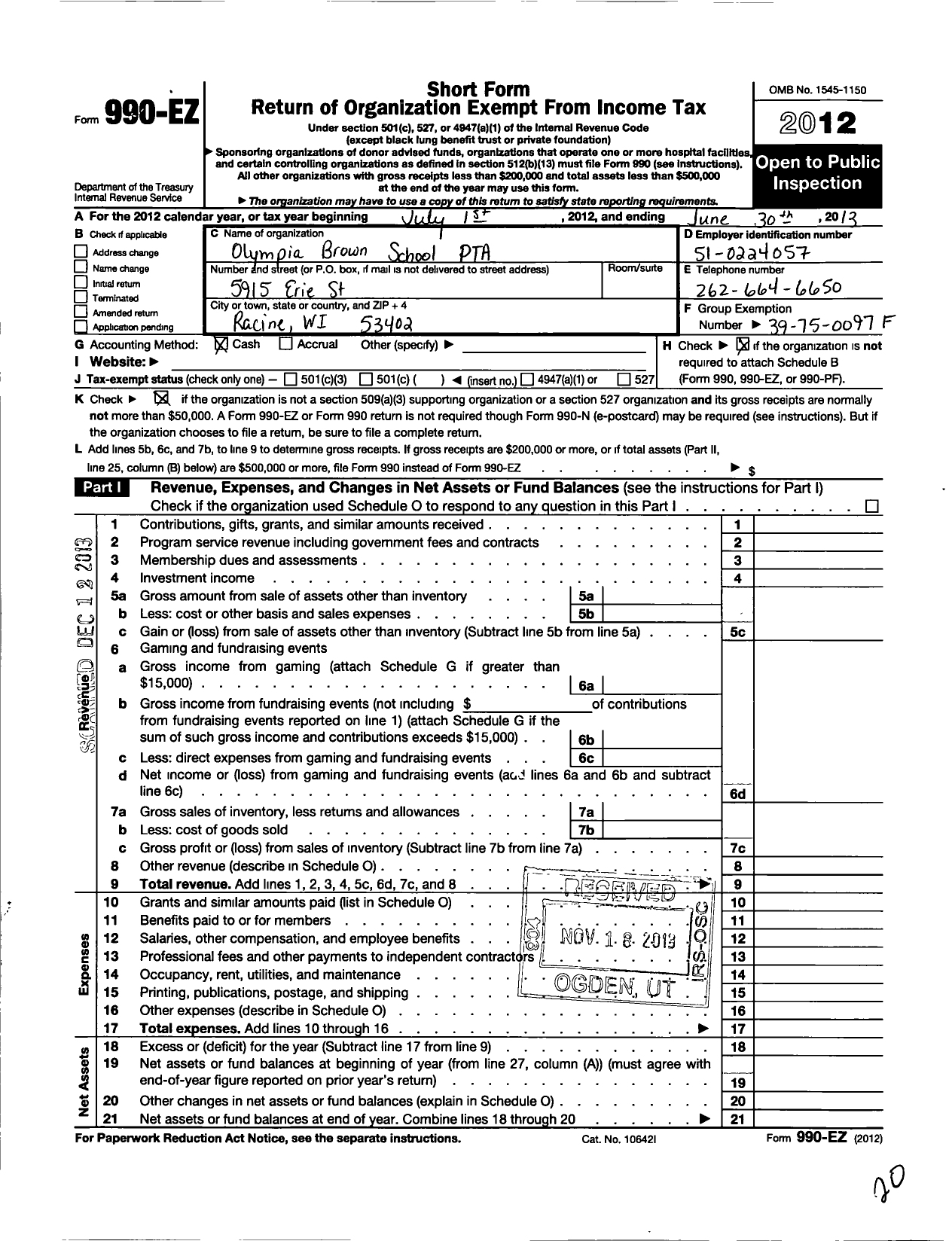 Image of first page of 2012 Form 990EO for PTA Wisconsin Congress / Olympia Brown School PTA