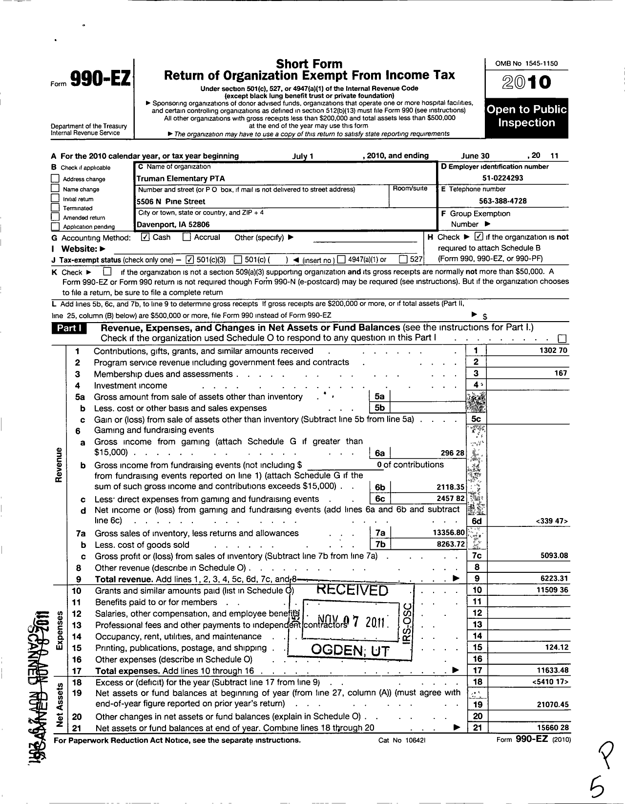 Image of first page of 2010 Form 990EZ for PTA Iowa Congress / Harry S Truman PTA