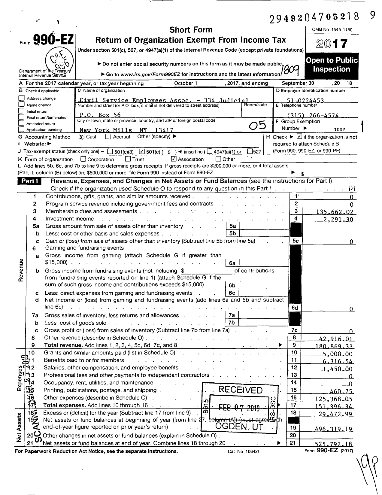 Image of first page of 2017 Form 990EO for Civil Service Employees Association - 0334 Region V Judiciary