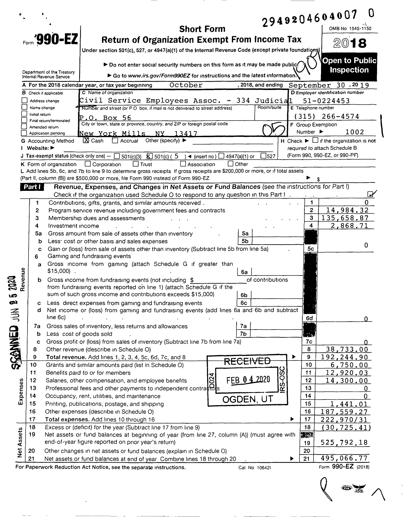 Image of first page of 2018 Form 990EO for Civil Service Employees Association - 0334 Region V Judiciary