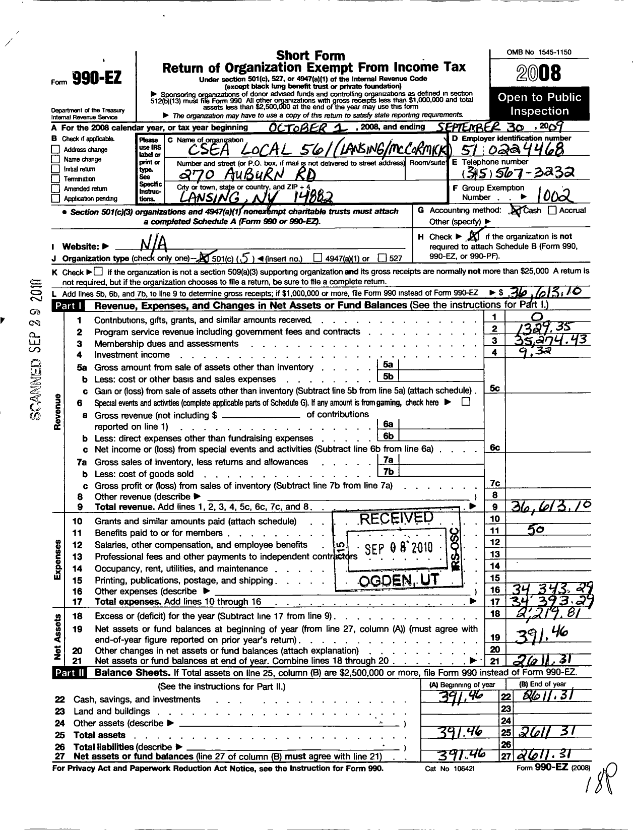 Image of first page of 2008 Form 990EO for Civil Service Employees Association - 0561 Lansing Maccormick Div for Yth