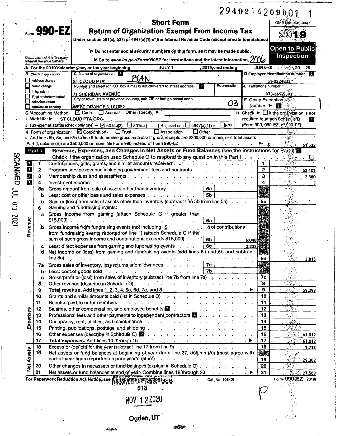 Image of first page of 2019 Form 990EZ for New Jersey PTA - 18574 St Cloud PTA