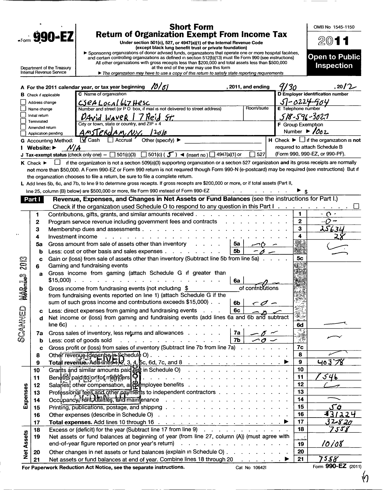 Image of first page of 2011 Form 990EO for Civil Service Employees Association - 0667 Nys Higher Education Services