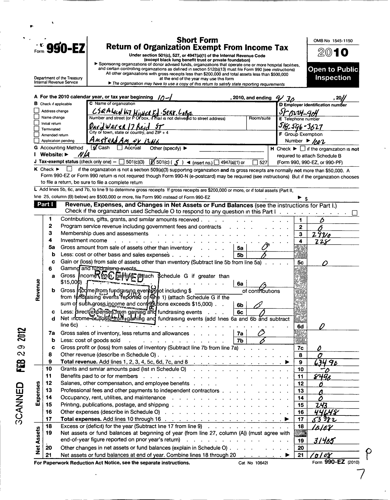 Image of first page of 2010 Form 990EO for Civil Service Employees Association - 0667 Nys Higher Education Services