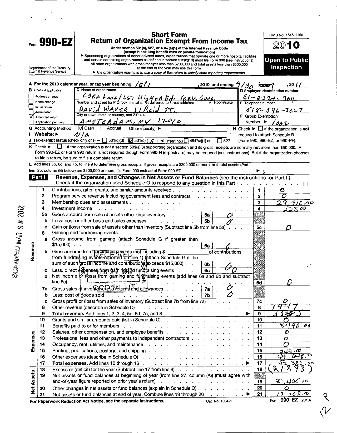 Image of first page of 2010 Form 990EO for Civil Service Employees Association - 0667 Nys Higher Education Services