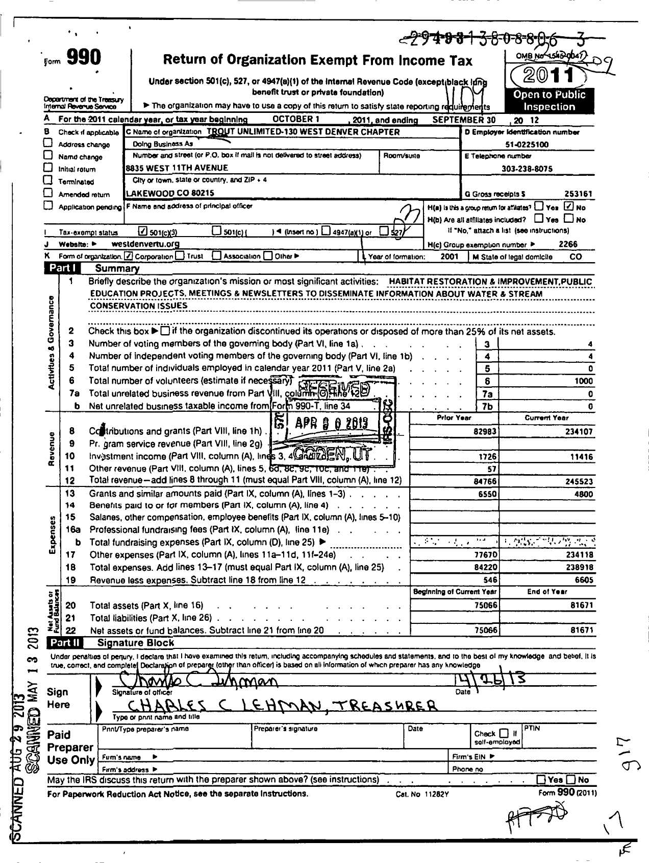 Image of first page of 2011 Form 990 for Trout Unlimited - 130 West Denver