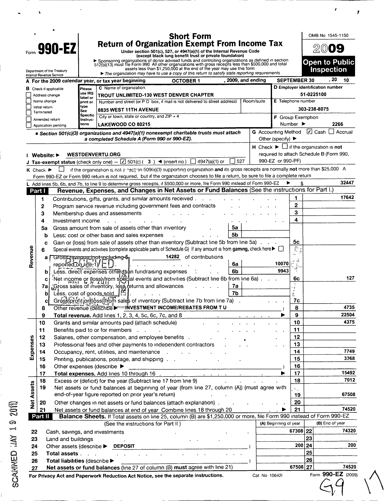 Image of first page of 2009 Form 990EZ for Trout Unlimited - 130 West Denver