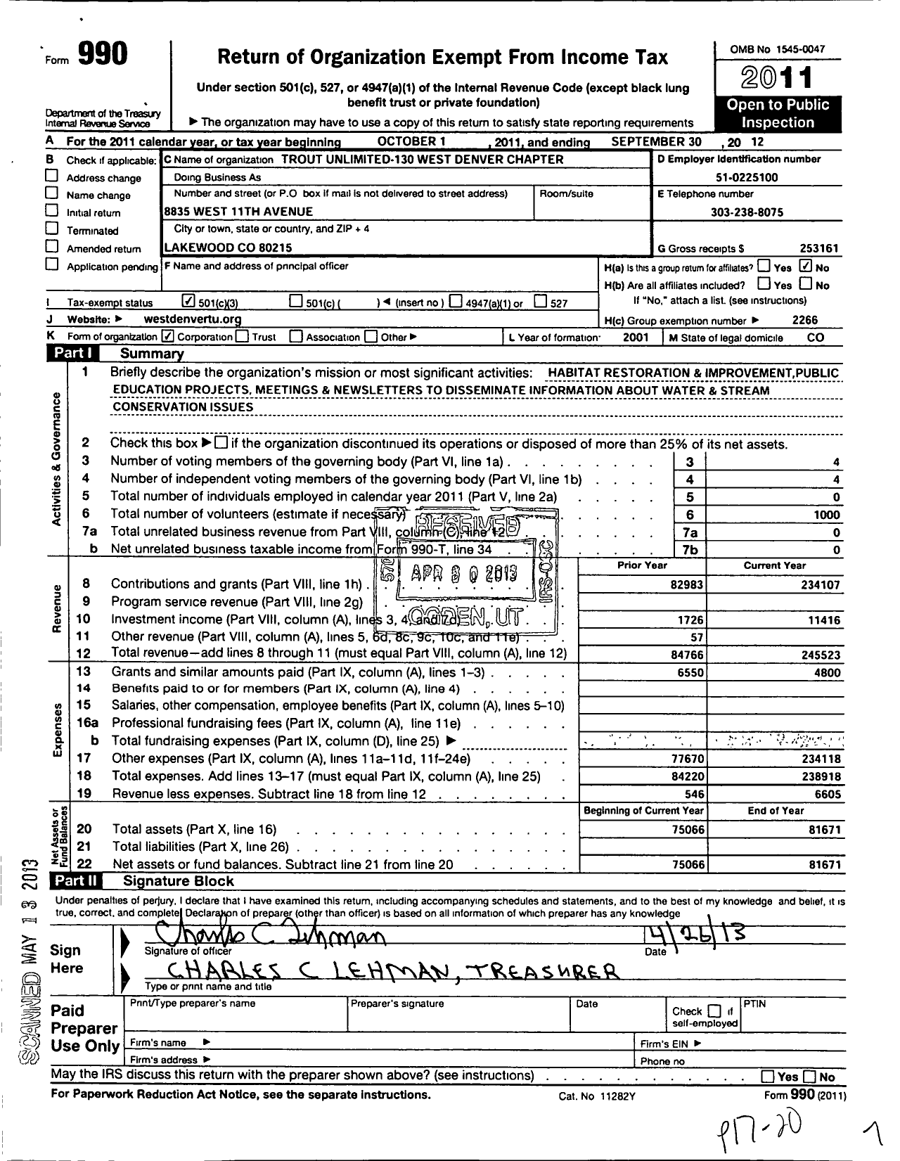 Image of first page of 2011 Form 990 for Trout Unlimited - 130 West Denver