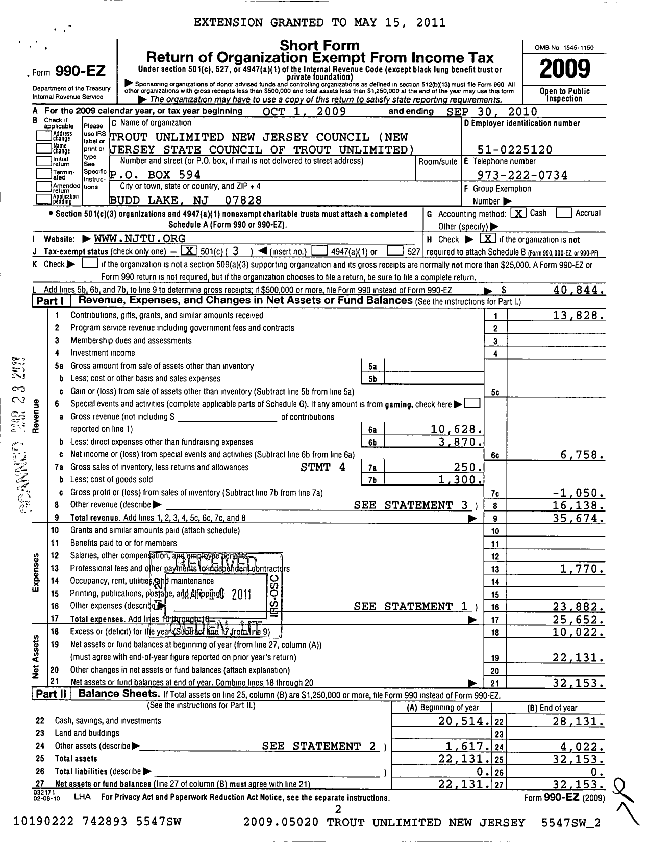 Image of first page of 2009 Form 990EZ for Trout Unlimited - New Jersey Council