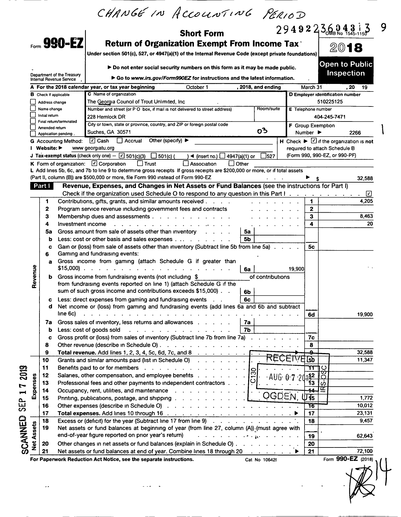 Image of first page of 2018 Form 990EZ for Trout Unlimited - The Georgia Council of Trout Unlimited