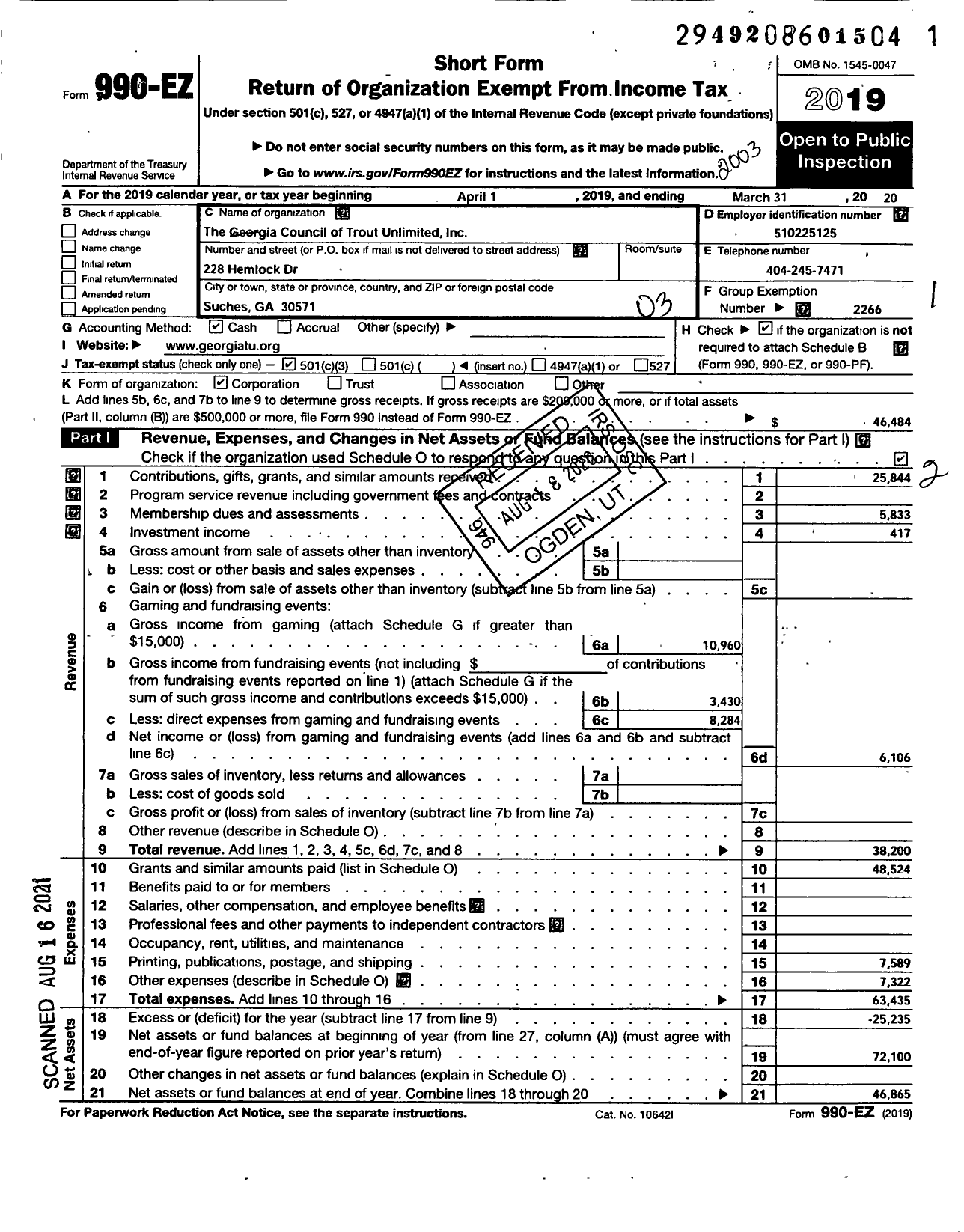 Image of first page of 2019 Form 990EZ for Trout Unlimited - The Georgia Council of Trout Unlimited