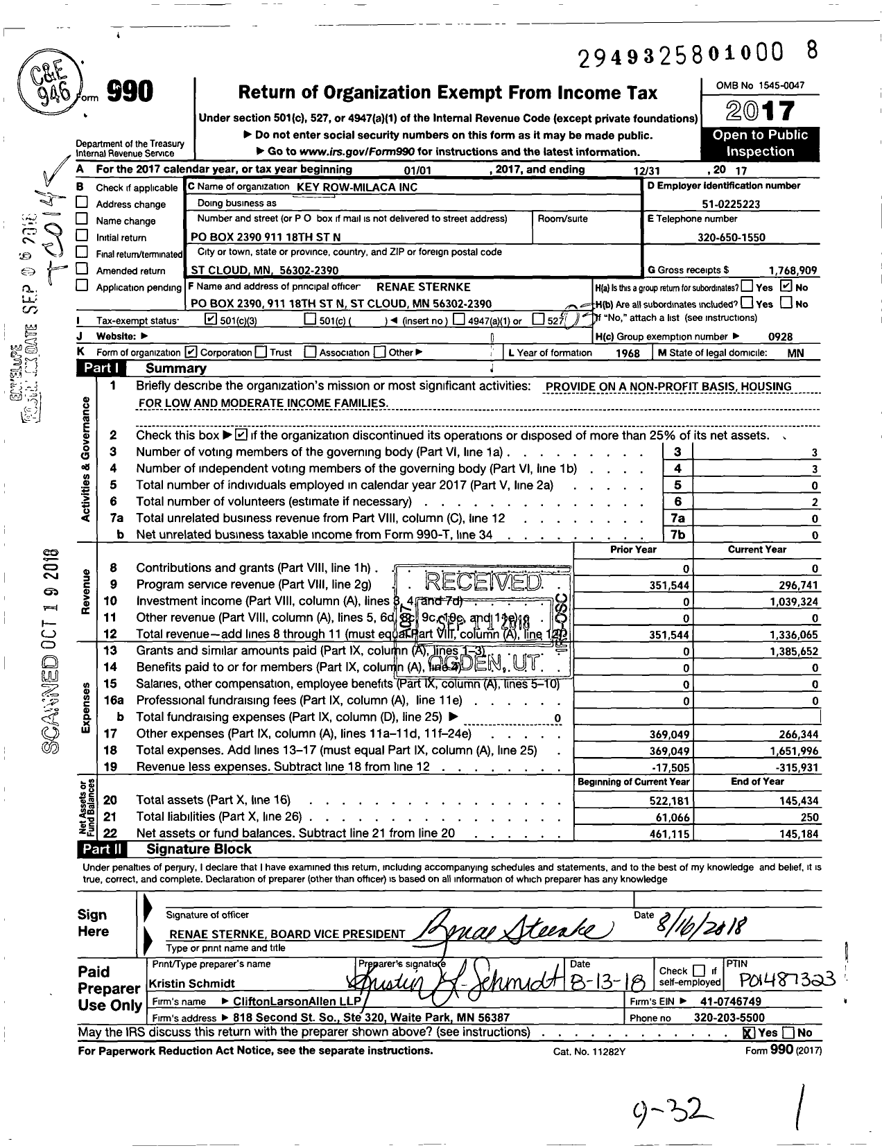 Image of first page of 2017 Form 990 for Key Row Milaca