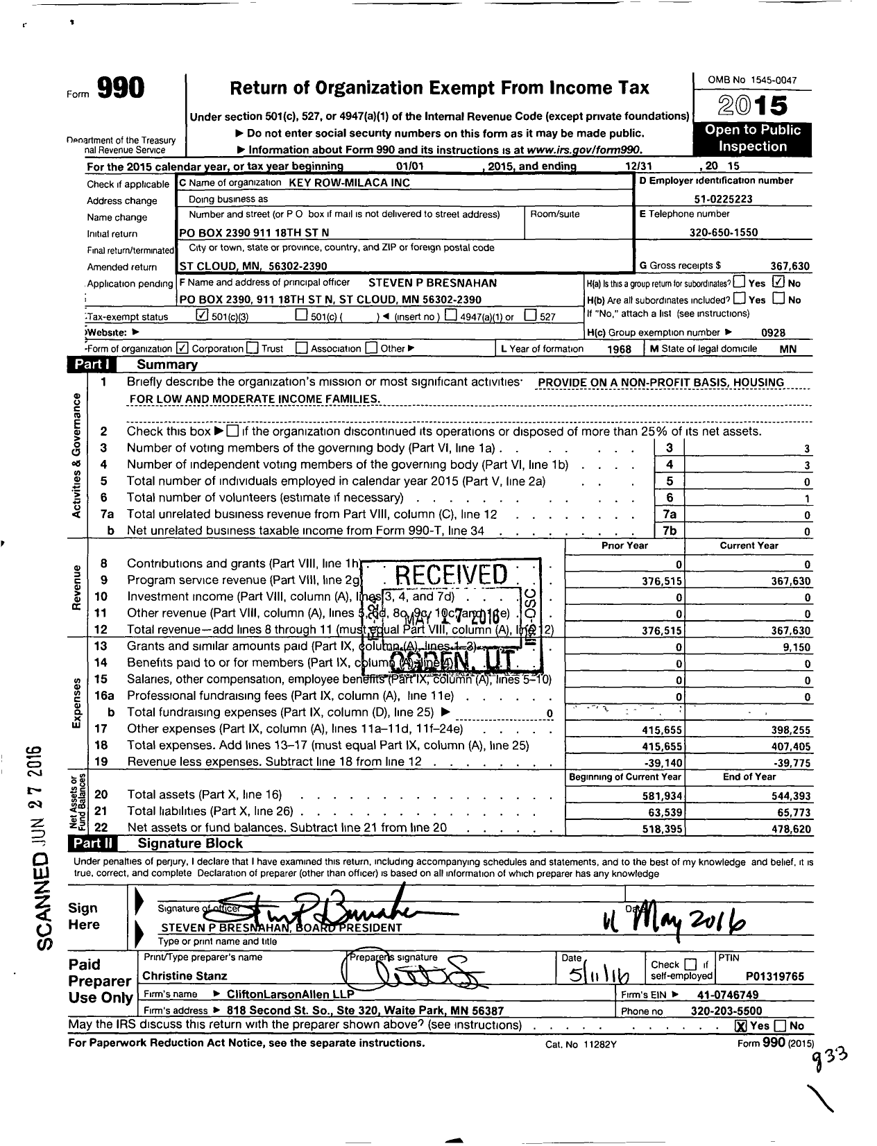 Image of first page of 2015 Form 990 for Key Row Milaca