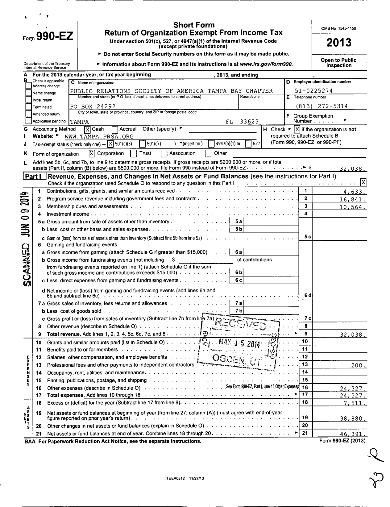 Image of first page of 2013 Form 990EZ for Public Relations Society of America / Tampa Bay Chapter