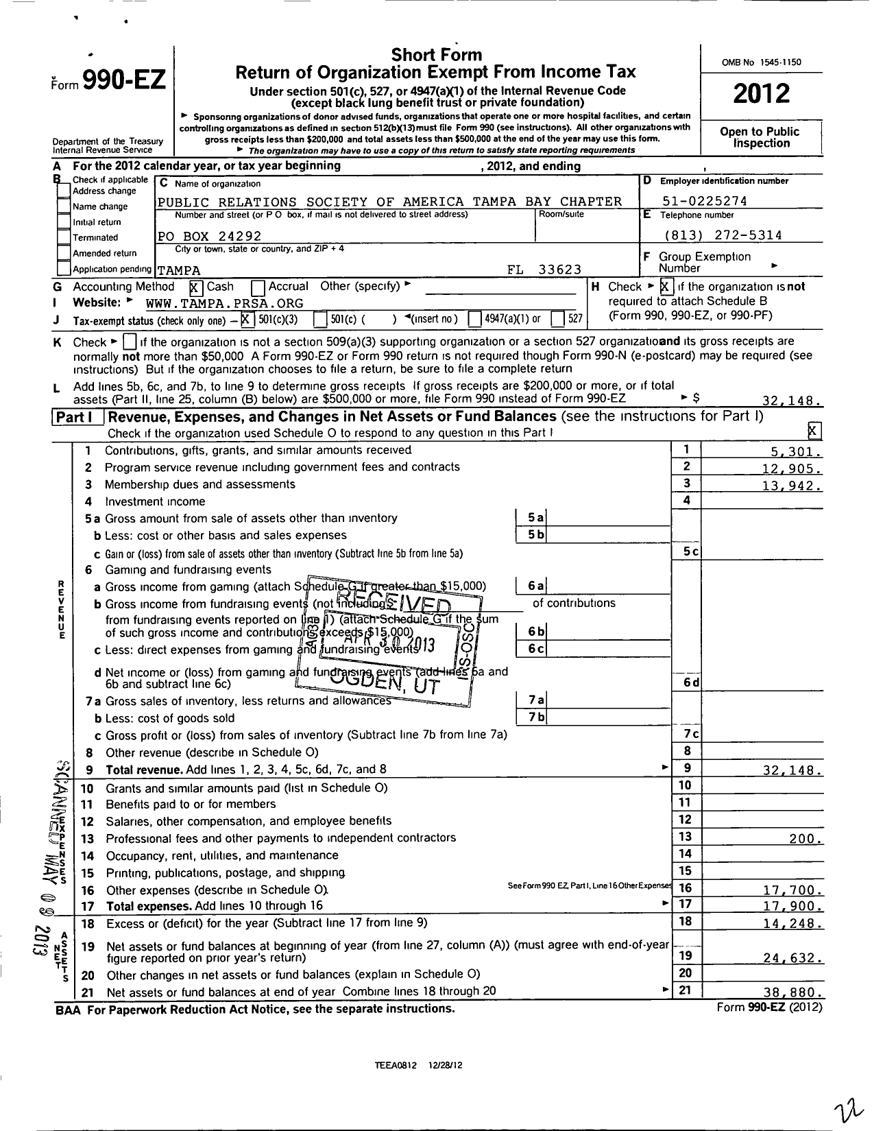 Image of first page of 2012 Form 990EZ for Public Relations Society of America / Tampa Bay Chapter