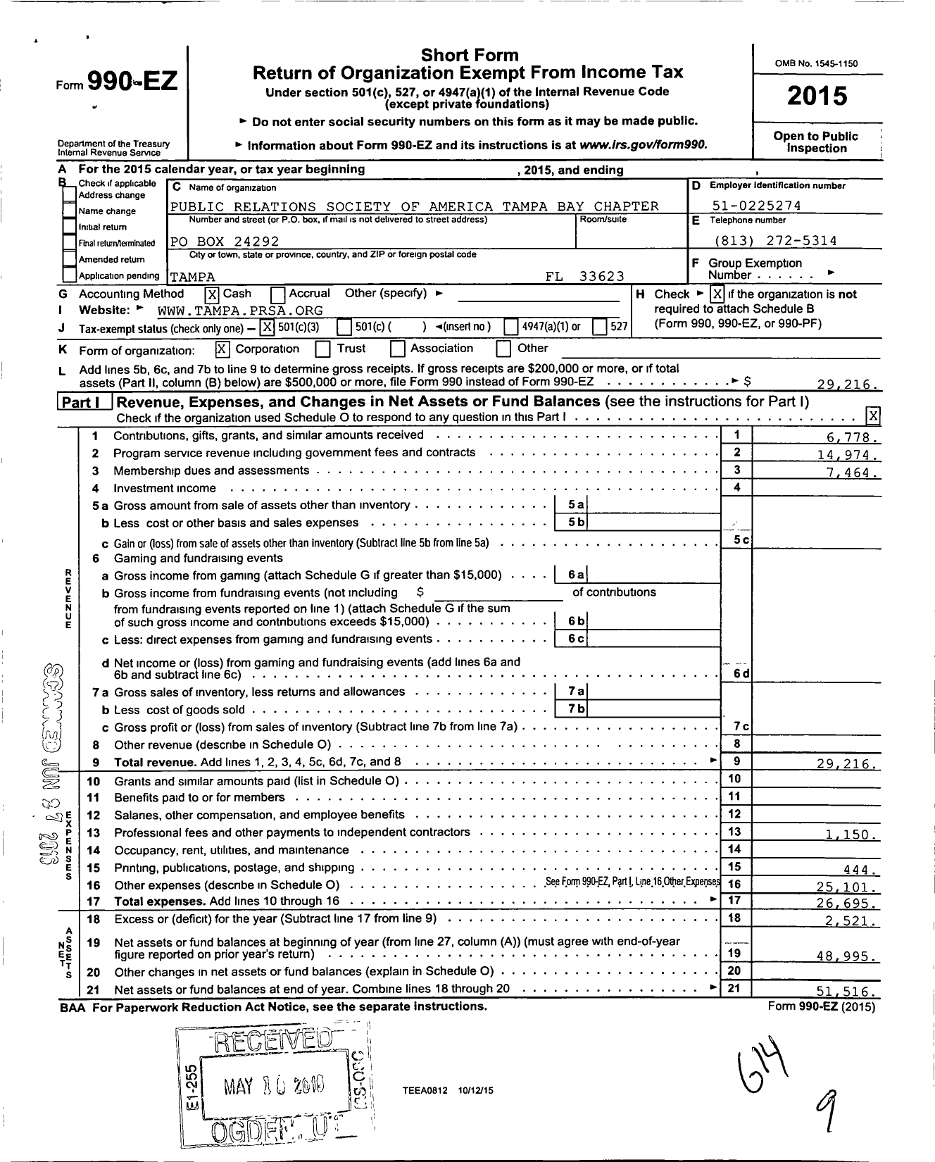 Image of first page of 2015 Form 990EZ for Public Relations Society of America / Tampa Bay Chapter