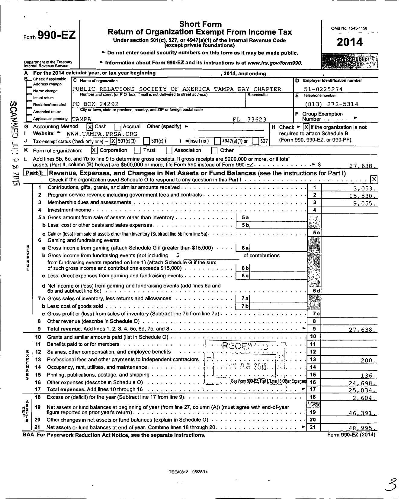 Image of first page of 2014 Form 990EZ for Public Relations Society of America / Tampa Bay Chapter