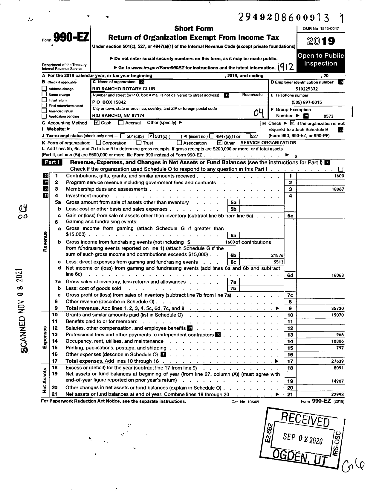 Image of first page of 2019 Form 990EO for Rotary International - Rotary Club of Rio Rancho NM