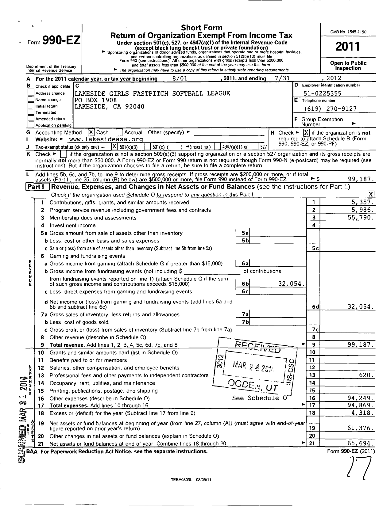 Image of first page of 2011 Form 990EZ for Lakeside Girls Fastpitch Softball League