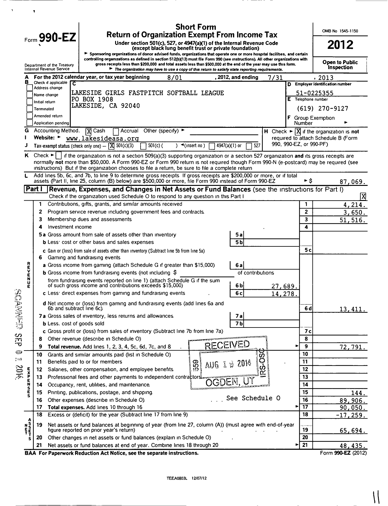 Image of first page of 2012 Form 990EZ for Lakeside Girls Fastpitch Softball League