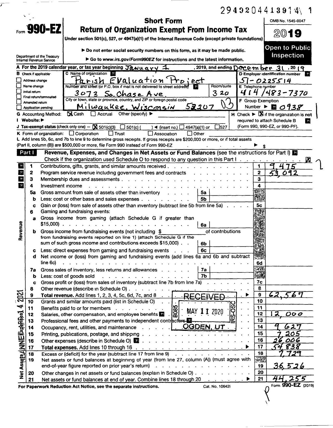 Image of first page of 2019 Form 990EZ for Parish Evaluation Project