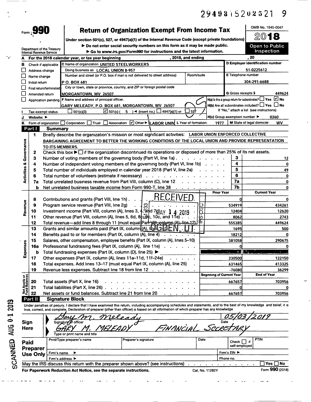Image of first page of 2018 Form 990O for United Steelworkers - Local Union 8-00957