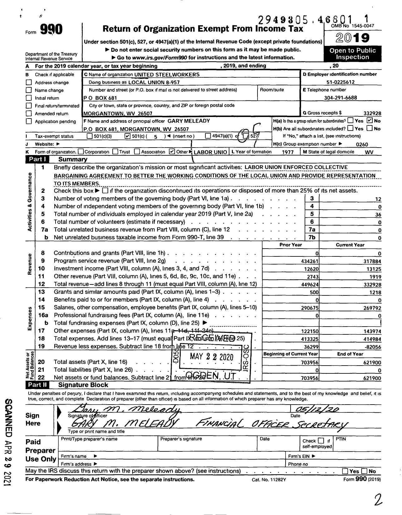 Image of first page of 2019 Form 990O for United Steelworkers - Local Union 8-00957