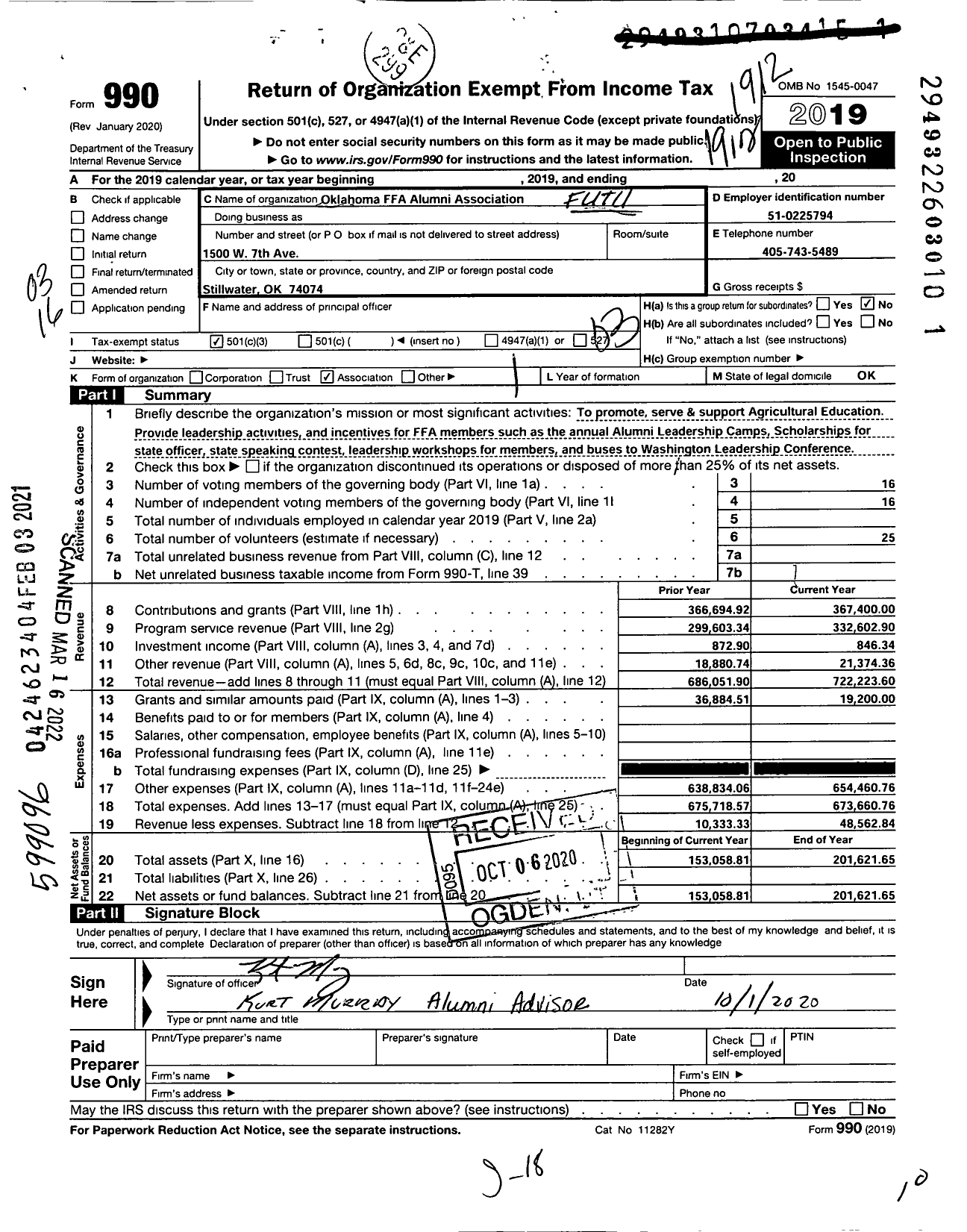 Image of first page of 2019 Form 990 for Future Farmers of America - 35000 Ok Alumni Assoc