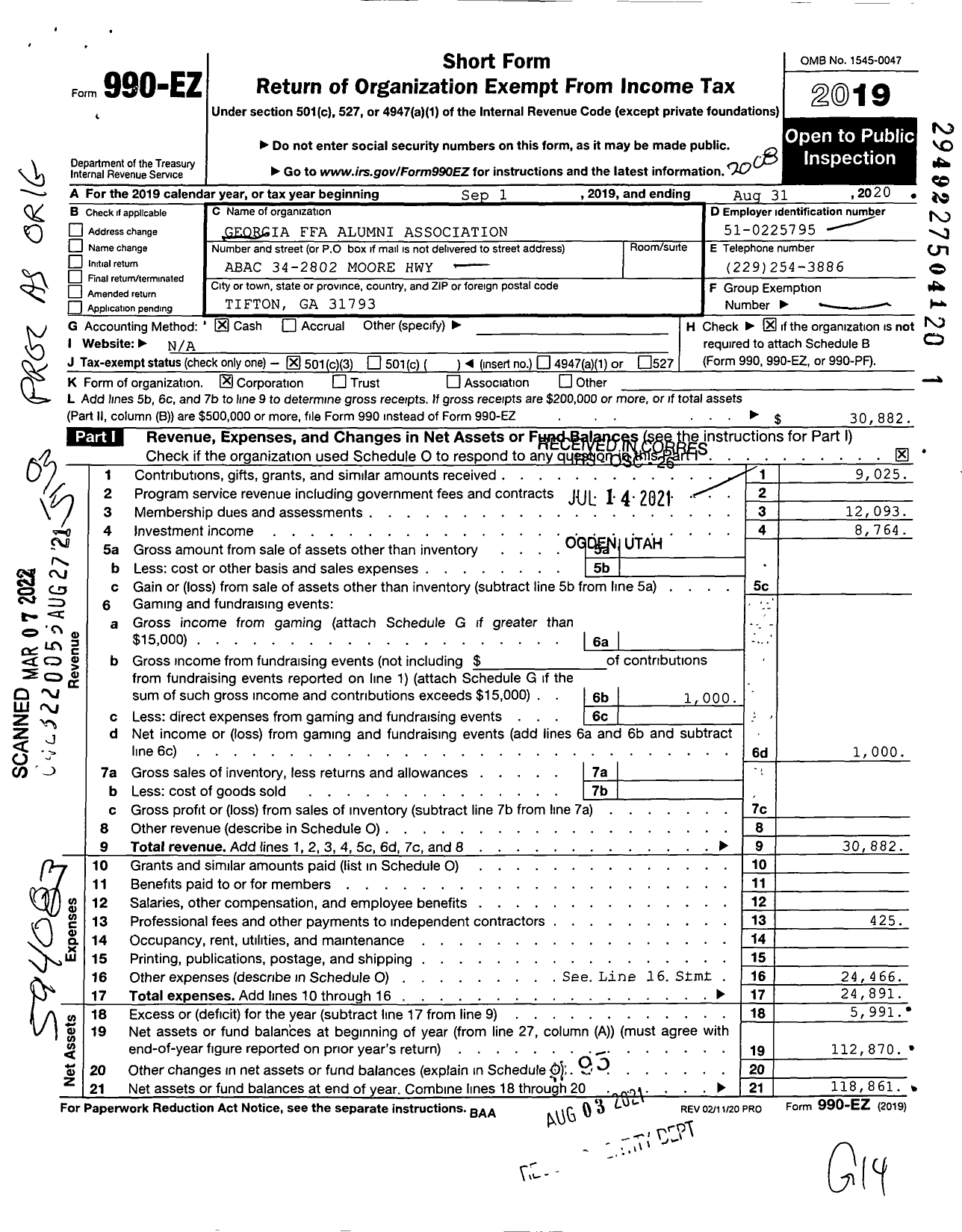 Image of first page of 2019 Form 990EZ for Georgia Ffa Alumni Association